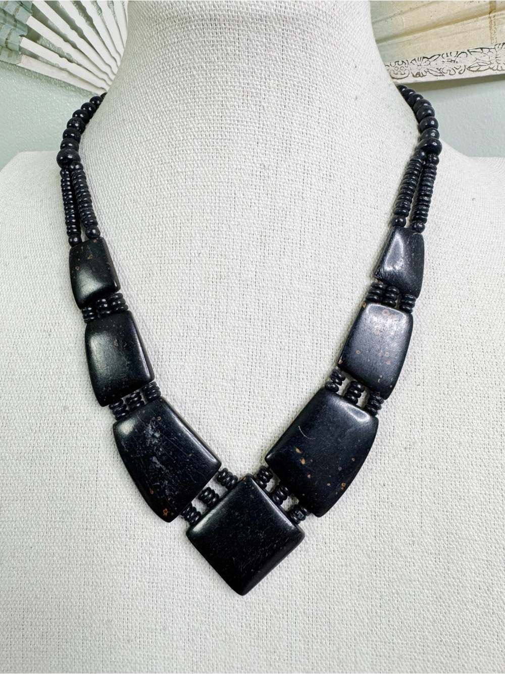 Vintage Modernist Statement Bib Necklace - Black Geometric Block Panels V-Shape